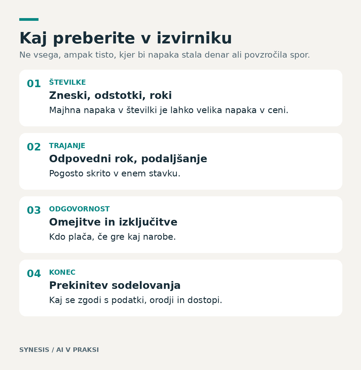 Štiri vrste odlomkov, ki jih je vredno prebrati v izvirniku: številke, trajanje, odgovornost in konec sodelovanja.