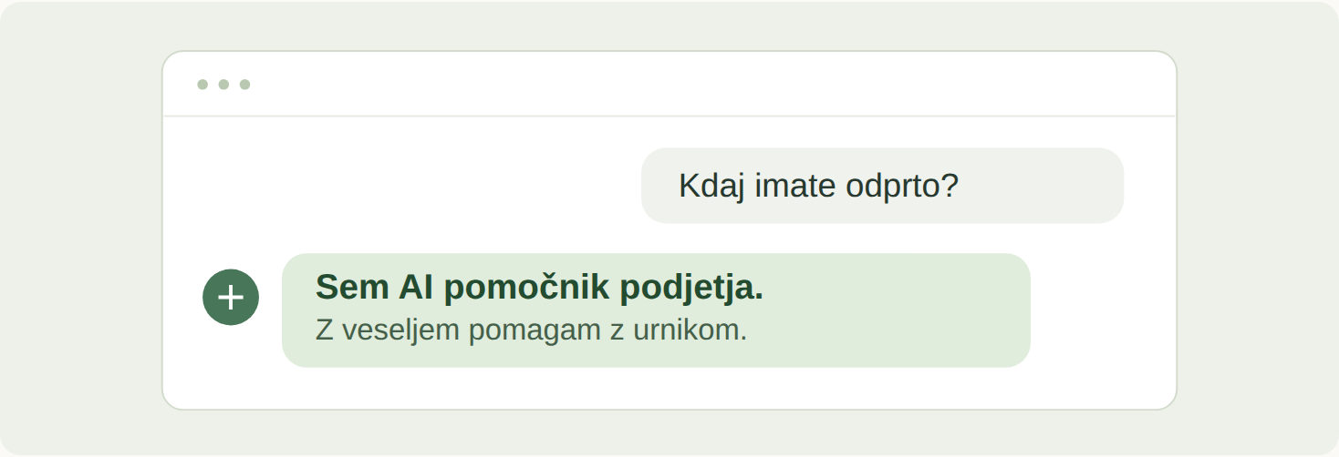Klepetalnik se predstavi kot AI pomočnik podjetja.