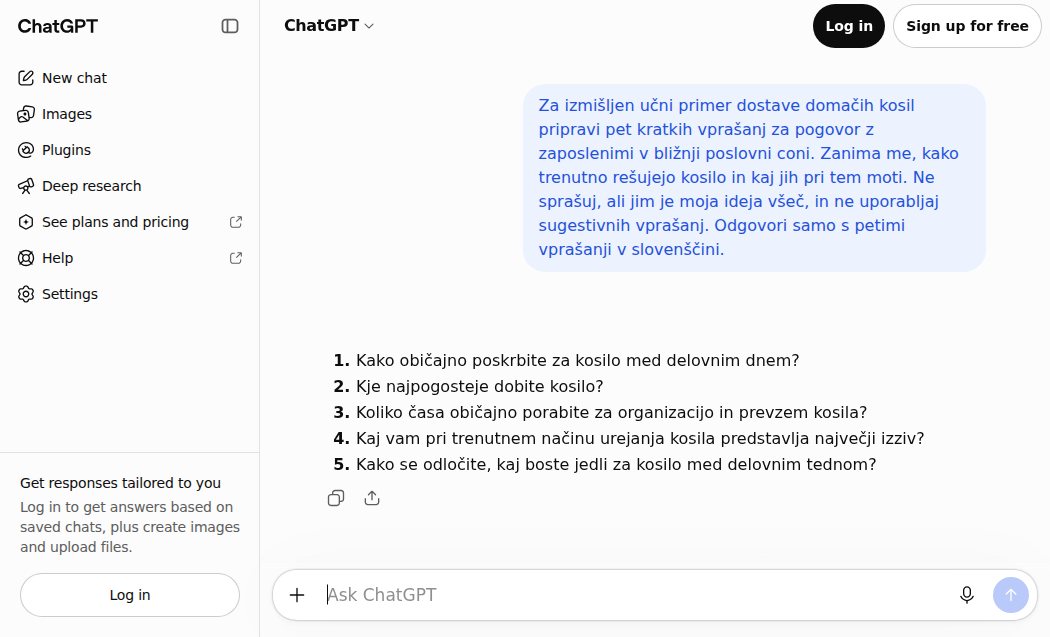 Dejanski odgovor ChatGPT v slovenščini s petimi vprašanji o navadah pri kosilu.